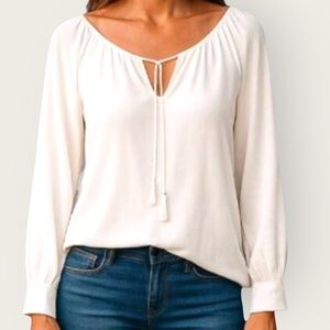 WHBM Size 4 Keyhole Blouse Shirt Boho Long Sleeve Cutout Detail Ecru White